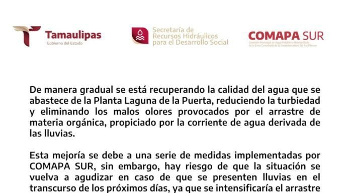Comapa Sur recupera gradualmente la calidad el agua en la planta Laguna de la Puerta